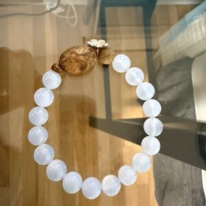 Handmade Wood and silver flower Blue Chalcedony Bead Bracelet